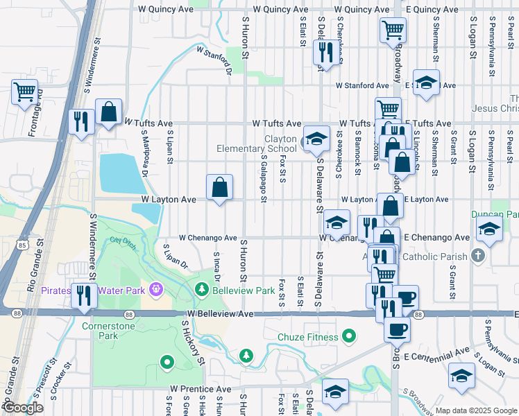 map of restaurants, bars, coffee shops, grocery stores, and more near 4848 South Huron Street in Englewood