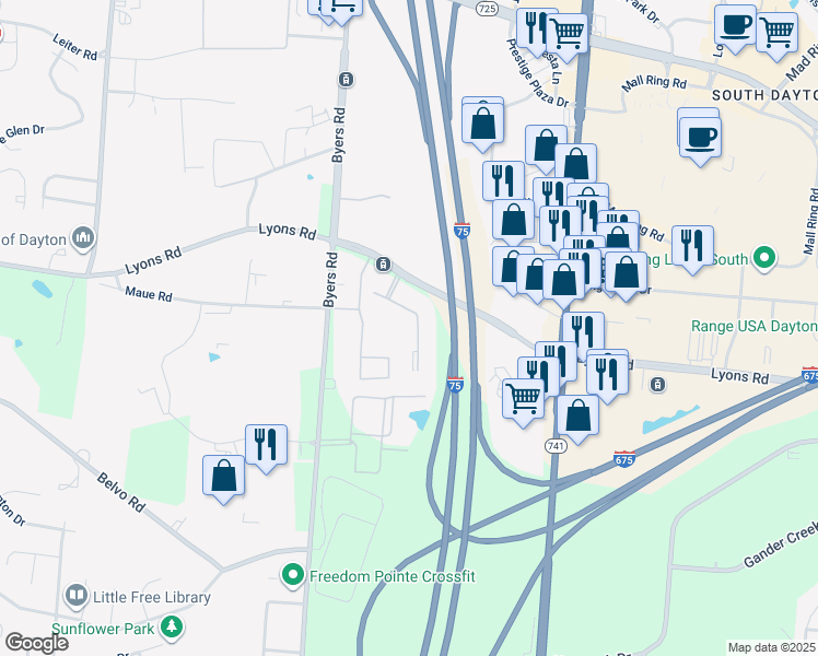 map of restaurants, bars, coffee shops, grocery stores, and more near 8338 Towson Boulevard in Miamisburg