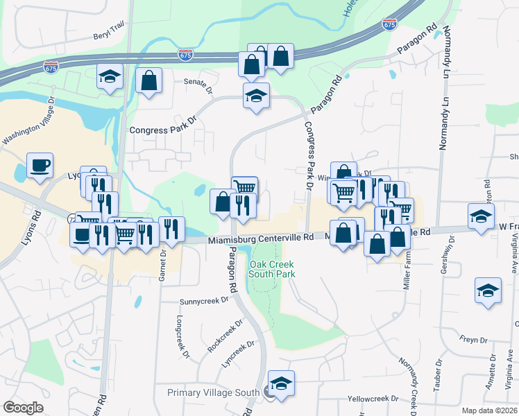 map of restaurants, bars, coffee shops, grocery stores, and more near 7647 Paragon Commons Circle in Dayton
