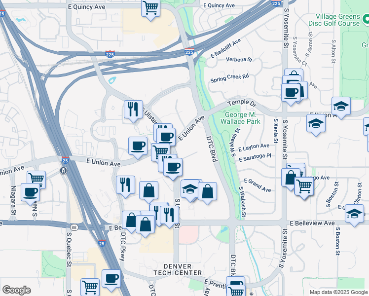 map of restaurants, bars, coffee shops, grocery stores, and more near 8110 East Union Avenue in Denver