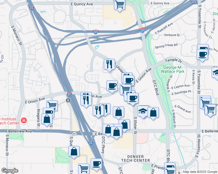 map of restaurants, bars, coffee shops, grocery stores, and more near 4600 South Syracuse Street in Denver