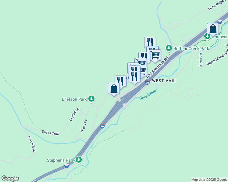 map of restaurants, bars, coffee shops, grocery stores, and more near 2313 North Frontage Road West in Vail