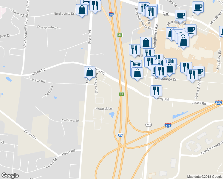 map of restaurants, bars, coffee shops, grocery stores, and more near 8408 Towson Boulevard in Miamisburg