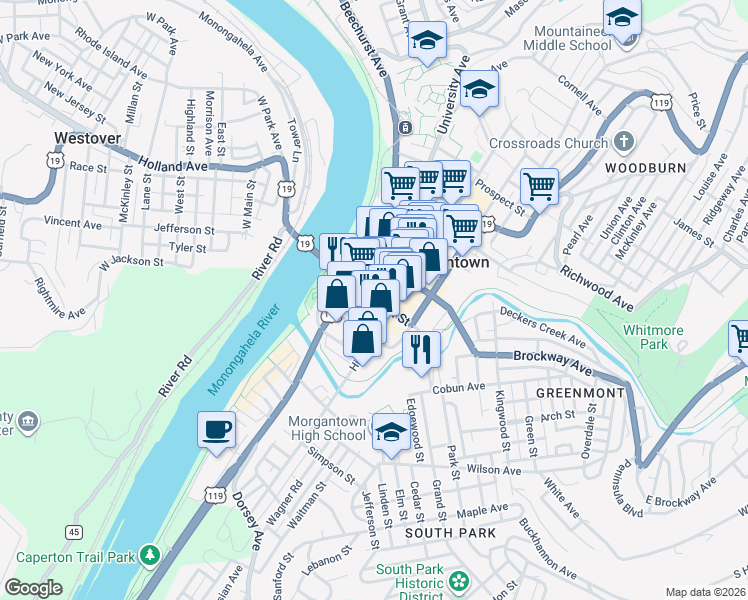 map of restaurants, bars, coffee shops, grocery stores, and more near 141 High Street in Morgantown