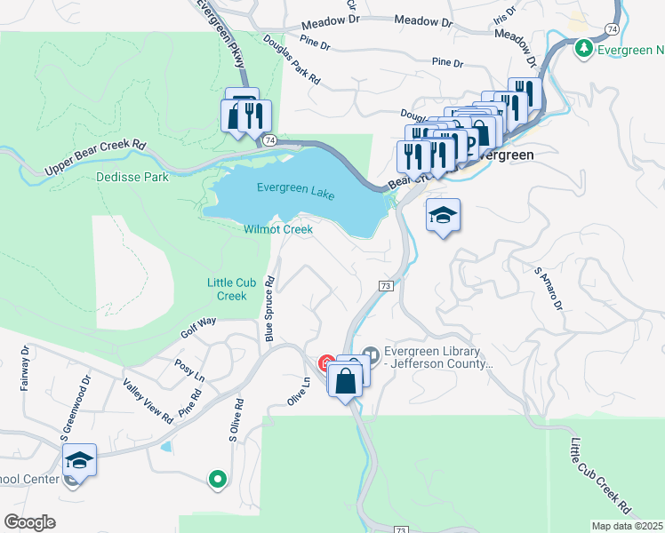 map of restaurants, bars, coffee shops, grocery stores, and more near 4824 South Pine Road in Evergreen
