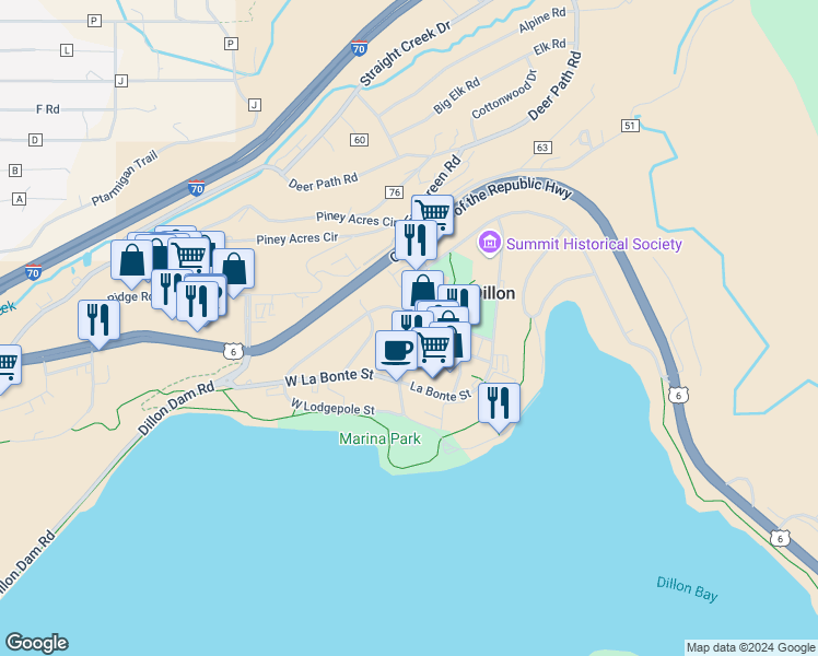 map of restaurants, bars, coffee shops, grocery stores, and more near Lake Dillon Drive in Dillon