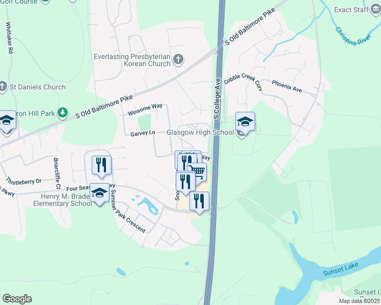 map of restaurants, bars, coffee shops, grocery stores, and more near 2902 Waters Edge Drive in Newark