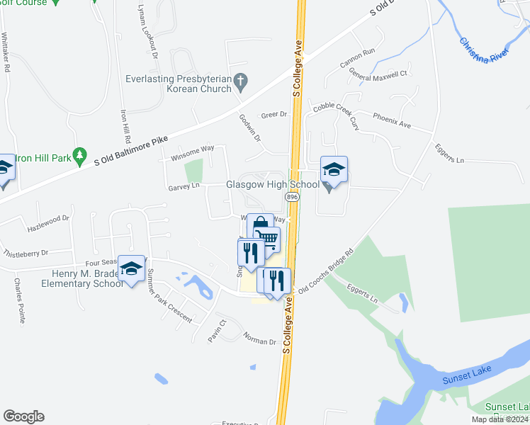 map of restaurants, bars, coffee shops, grocery stores, and more near 2809 Waters Edge Drive in Newark