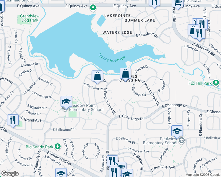 map of restaurants, bars, coffee shops, grocery stores, and more near 18621 East Layton Place in Aurora