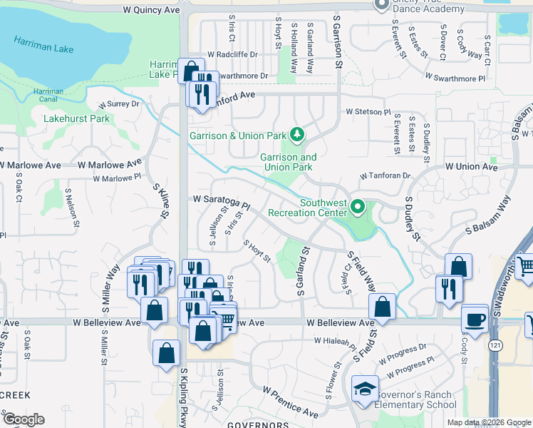 map of restaurants, bars, coffee shops, grocery stores, and more near 4861 South Holland Court in Littleton