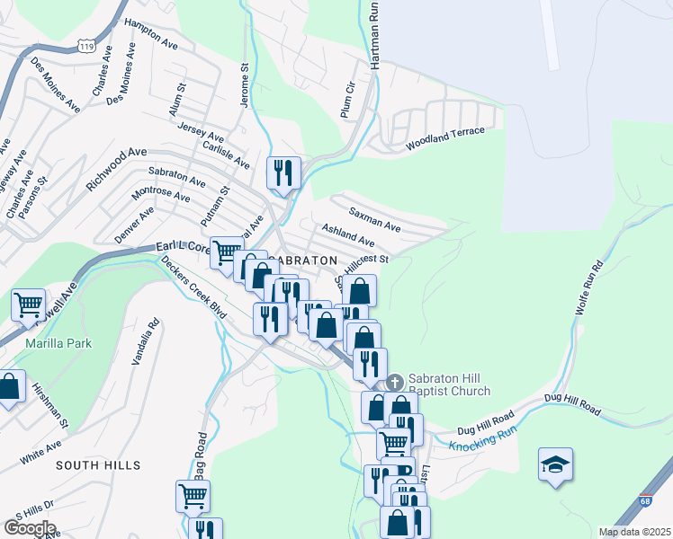 map of restaurants, bars, coffee shops, grocery stores, and more near 34 Sterling Drive in Morgantown