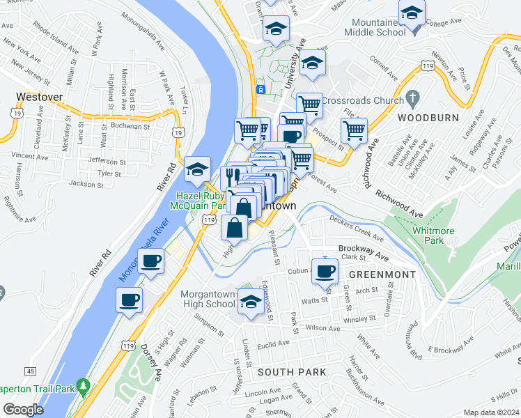 map of restaurants, bars, coffee shops, grocery stores, and more near 110 Adams Street in Fairmont