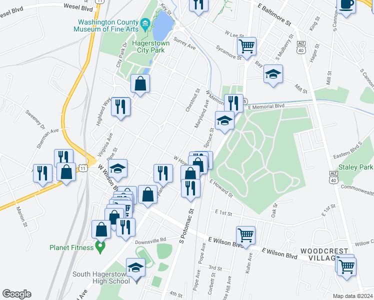 map of restaurants, bars, coffee shops, grocery stores, and more near 732 Maryland Avenue in Hagerstown