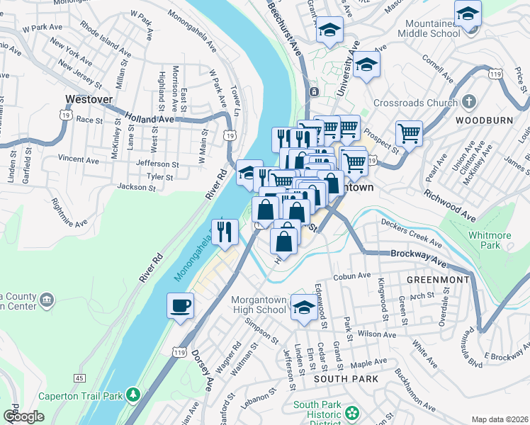 map of restaurants, bars, coffee shops, grocery stores, and more near 1117 University Avenue in Morgantown