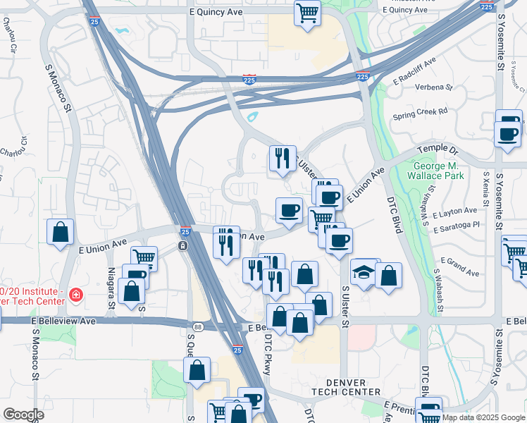 map of restaurants, bars, coffee shops, grocery stores, and more near 4600 South Syracuse Street in Denver
