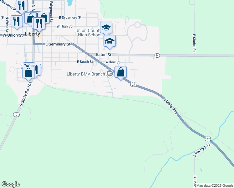map of restaurants, bars, coffee shops, grocery stores, and more near 429 Sunset Drive in Liberty