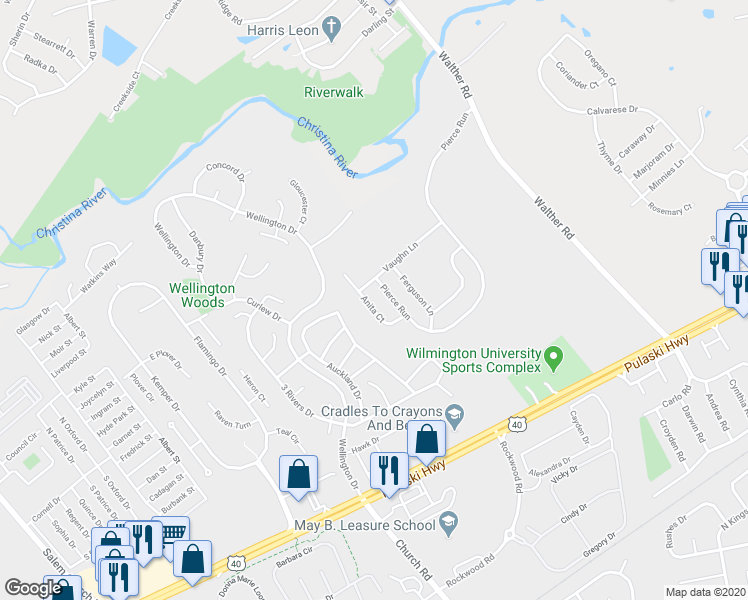 map of restaurants, bars, coffee shops, grocery stores, and more near 228 Anita Court in Newark