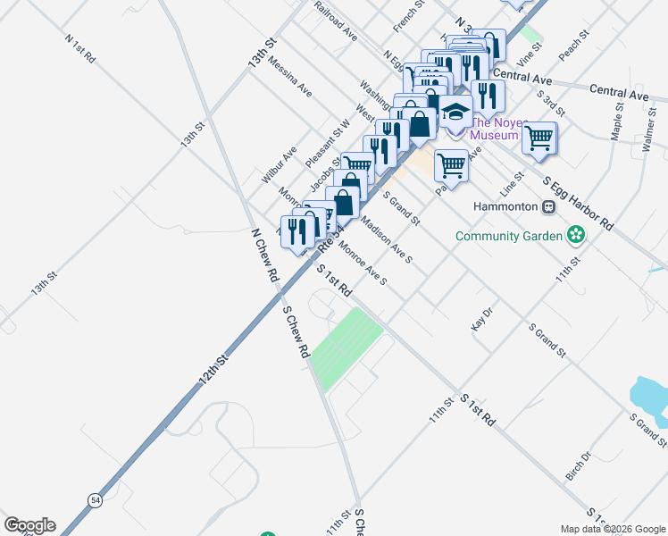 map of restaurants, bars, coffee shops, grocery stores, and more near 16 Monroe Avenue South in Hammonton