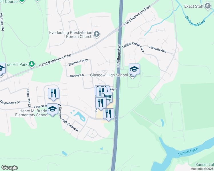 map of restaurants, bars, coffee shops, grocery stores, and more near 204 Waters Edge Drive in Newark
