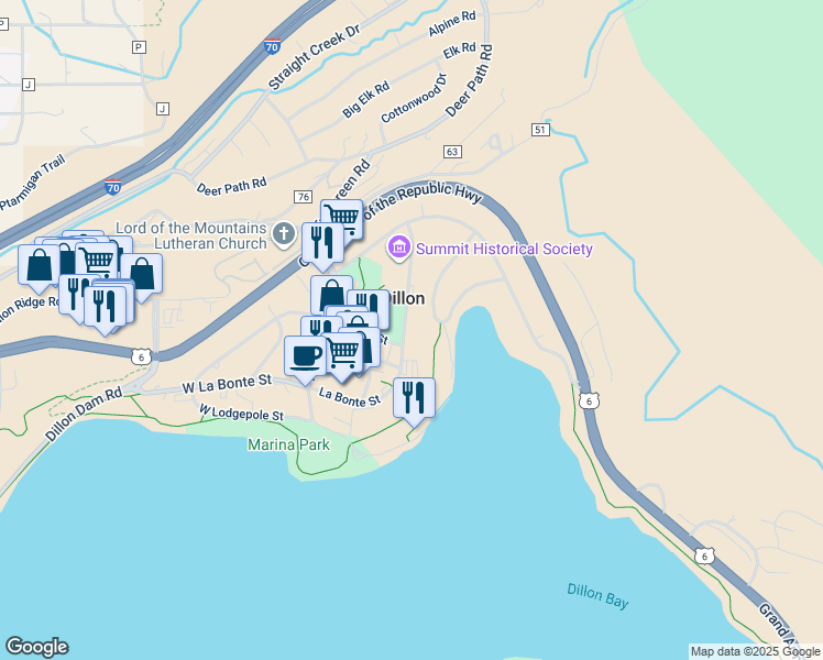 map of restaurants, bars, coffee shops, grocery stores, and more near 240 La Bonte Street in Dillon
