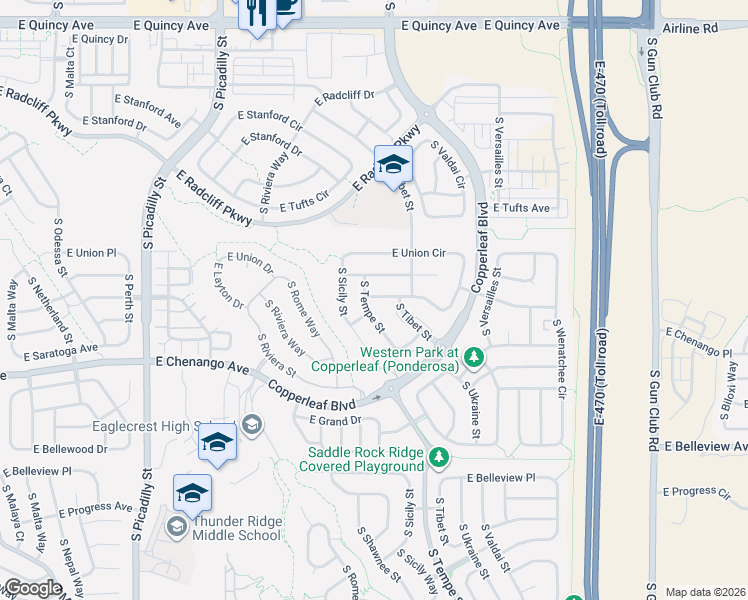 map of restaurants, bars, coffee shops, grocery stores, and more near 22424 East Union Place in Aurora