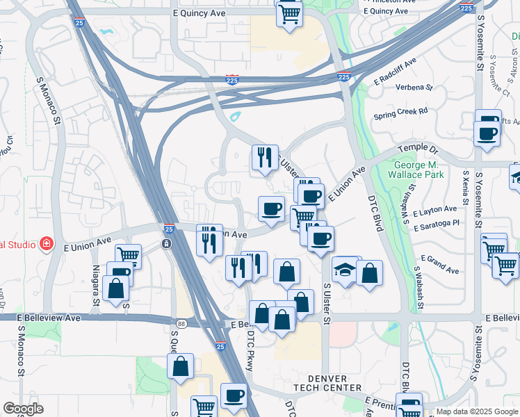 map of restaurants, bars, coffee shops, grocery stores, and more near 7800 E Tufts Ave in Denver