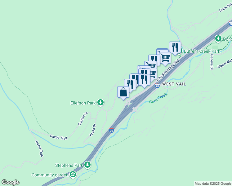map of restaurants, bars, coffee shops, grocery stores, and more near 2417 Garmisch Drive in Vail