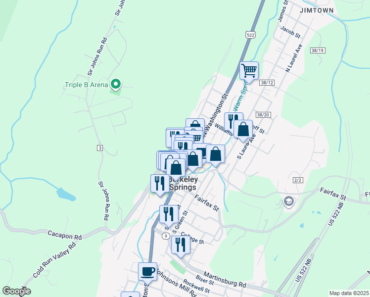 map of restaurants, bars, coffee shops, grocery stores, and more near 212 Union Street in Berkeley Springs