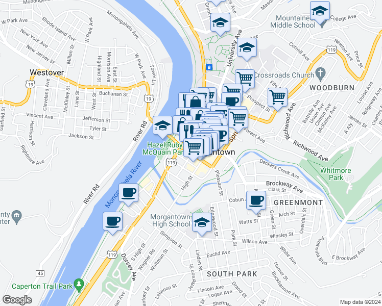 map of restaurants, bars, coffee shops, grocery stores, and more near 223 Chestnut Street in Morgantown