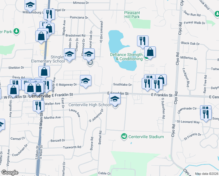 map of restaurants, bars, coffee shops, grocery stores, and more near 50 Glencroft Place in Dayton