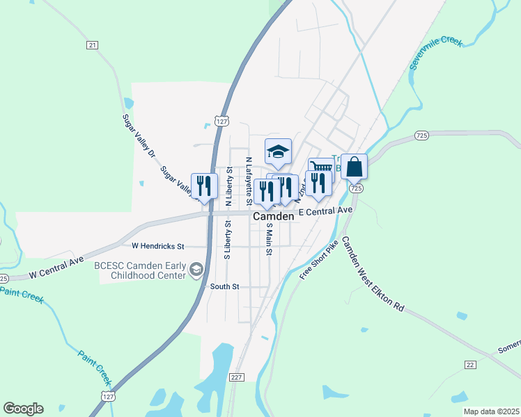 map of restaurants, bars, coffee shops, grocery stores, and more near 54 West Central Avenue in Camden