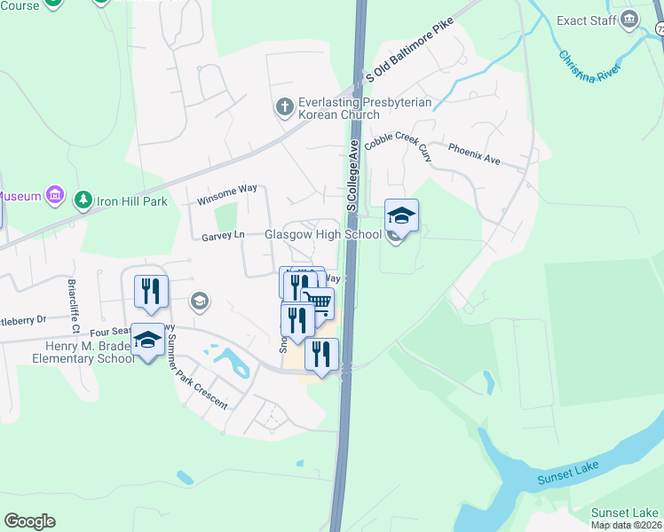 map of restaurants, bars, coffee shops, grocery stores, and more near 2300 Waters Edge Drive in Newark