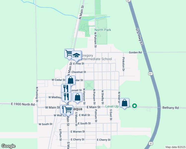 map of restaurants, bars, coffee shops, grocery stores, and more near 301 Chestnut Street in Moweaqua