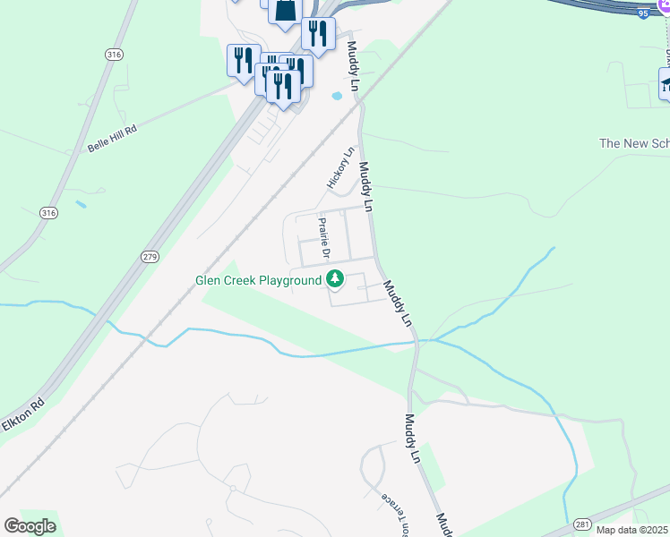 map of restaurants, bars, coffee shops, grocery stores, and more near 5 Glen Creek Circle in Elkton