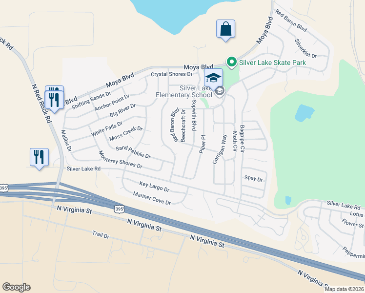map of restaurants, bars, coffee shops, grocery stores, and more near 8515 Red Baron Boulevard in Reno