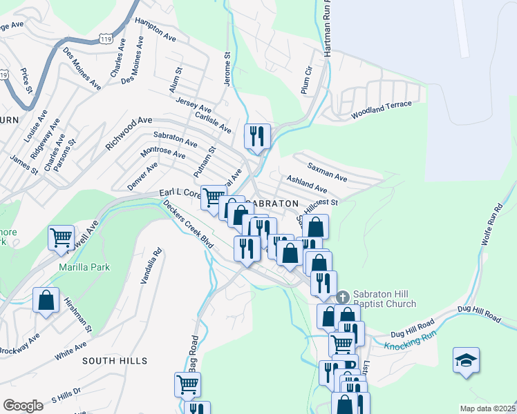 map of restaurants, bars, coffee shops, grocery stores, and more near in Morgantown