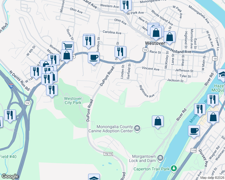 map of restaurants, bars, coffee shops, grocery stores, and more near 125 Auburn Drive in Morgantown