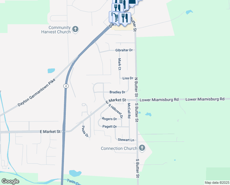 map of restaurants, bars, coffee shops, grocery stores, and more near 127 Bradley Drive in Germantown