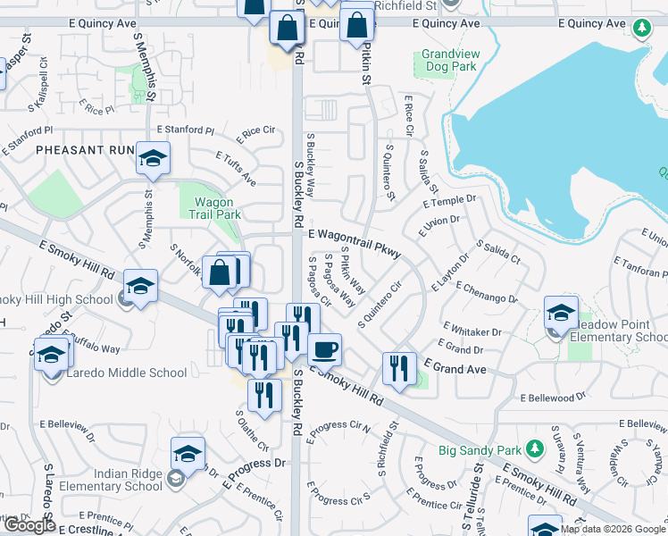 map of restaurants, bars, coffee shops, grocery stores, and more near 4761 South Pagosa Circle in Aurora