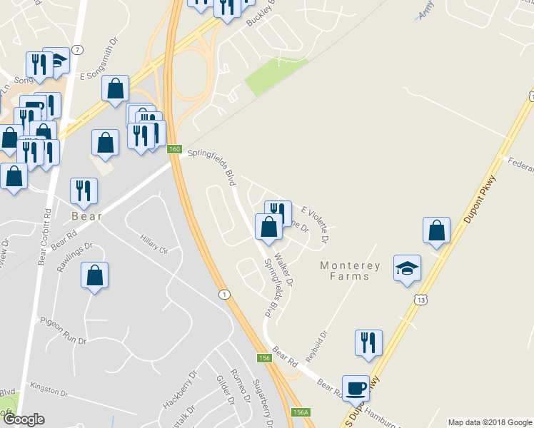 map of restaurants, bars, coffee shops, grocery stores, and more near 6 Shamrock Avenue in New Castle