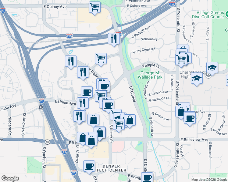 map of restaurants, bars, coffee shops, grocery stores, and more near 8100 East Union Avenue in Denver