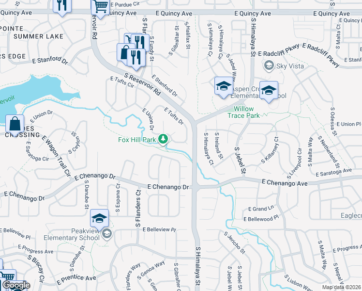 map of restaurants, bars, coffee shops, grocery stores, and more near 20064 East Tufts Drive in Centennial