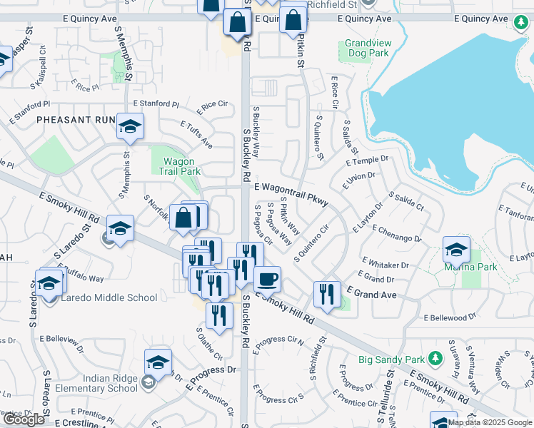 map of restaurants, bars, coffee shops, grocery stores, and more near 4761 South Pagosa Circle in Aurora