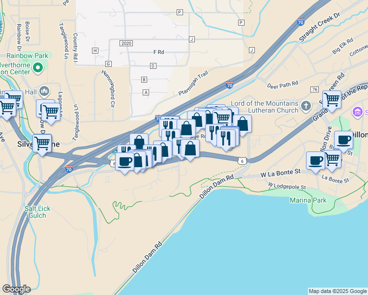 map of restaurants, bars, coffee shops, grocery stores, and more near 269 Dillon Ridge Road in Dillon