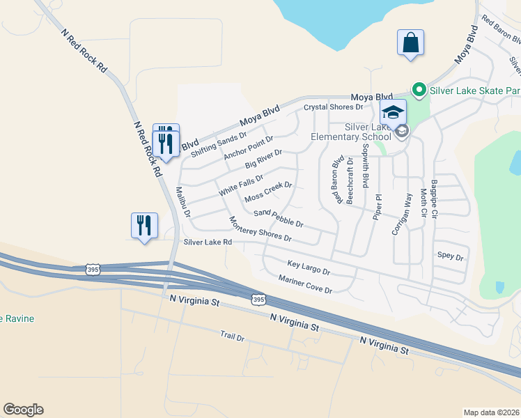 map of restaurants, bars, coffee shops, grocery stores, and more near 8004 Moss Creek Drive in Reno