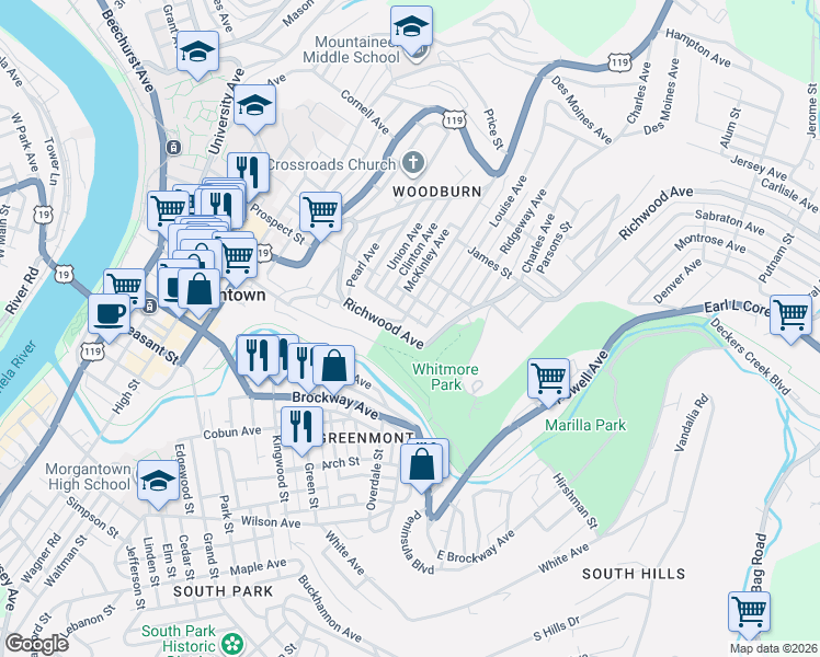 map of restaurants, bars, coffee shops, grocery stores, and more near 95 Marion Street in Morgantown