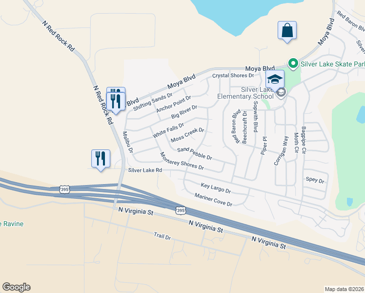 map of restaurants, bars, coffee shops, grocery stores, and more near 8004 Moss Creek Drive in Reno