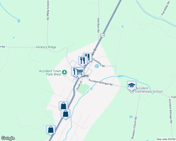 map of restaurants, bars, coffee shops, grocery stores, and more near 203 North Main Street in Accident