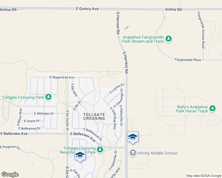 map of restaurants, bars, coffee shops, grocery stores, and more near 24711 East Layton Place in Aurora