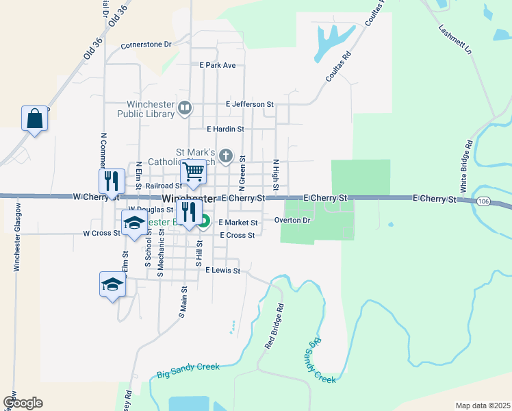 map of restaurants, bars, coffee shops, grocery stores, and more near 2-34 North Broadway Street in Winchester